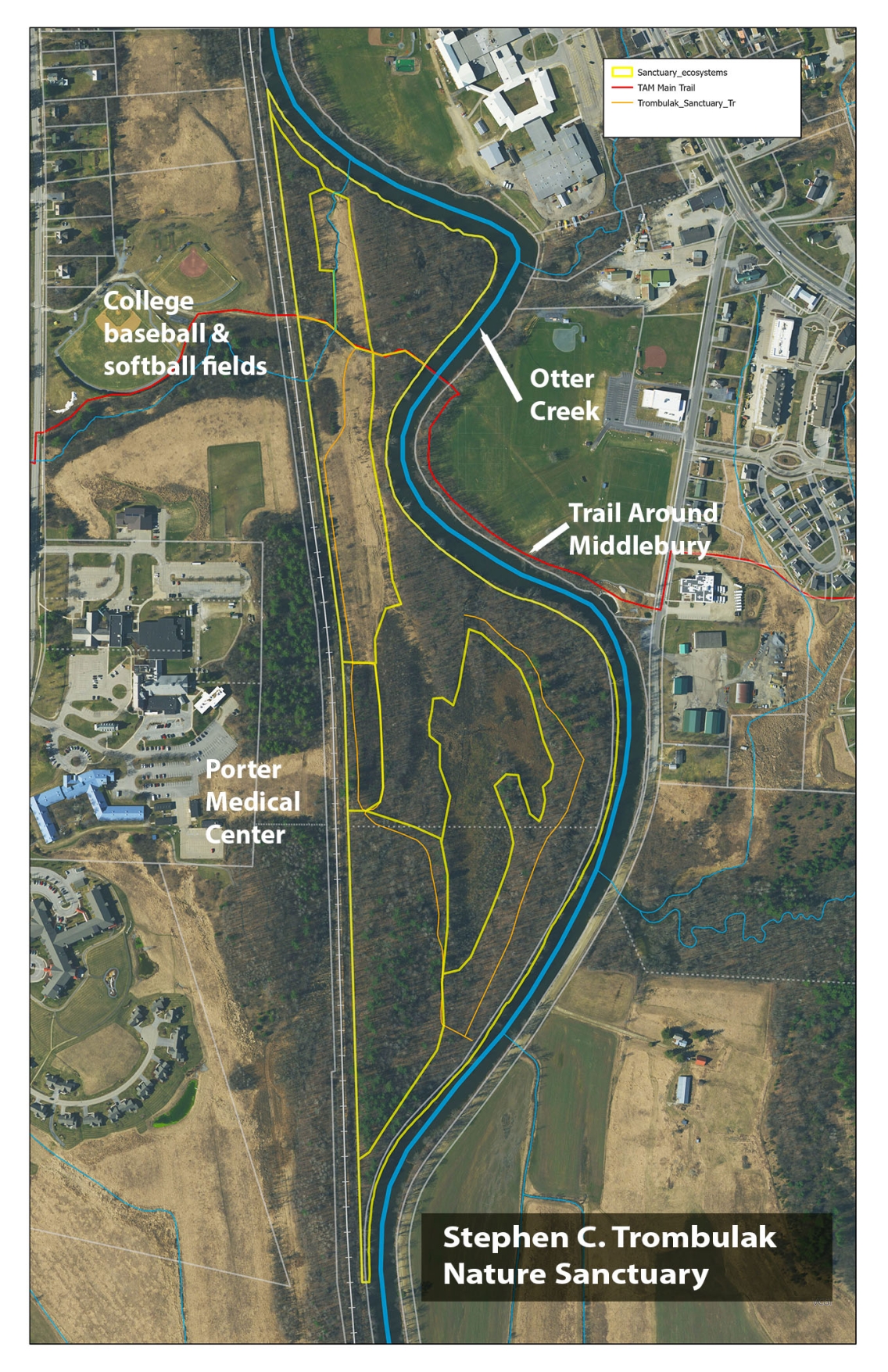 Satellite image of the Stephen C. Trombulak Nature Sanctuary at Middlebury College.