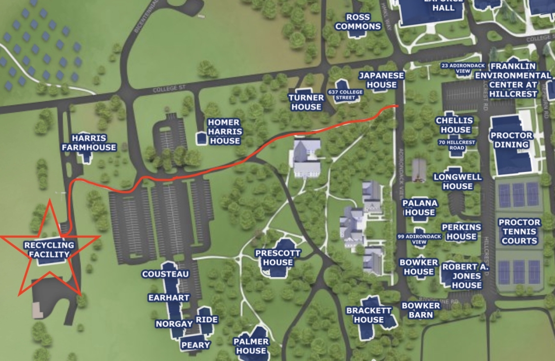 A red line illustrates the walking path used to get from main campus to the Recycling Facility.