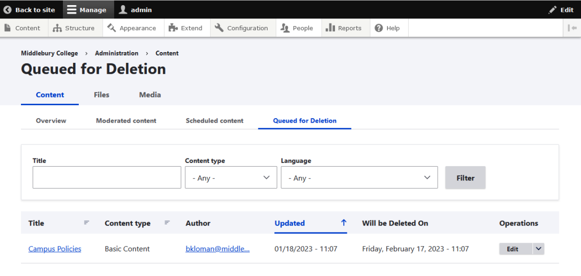 A screenshot of the Queued for Deletion list with one piece of content.