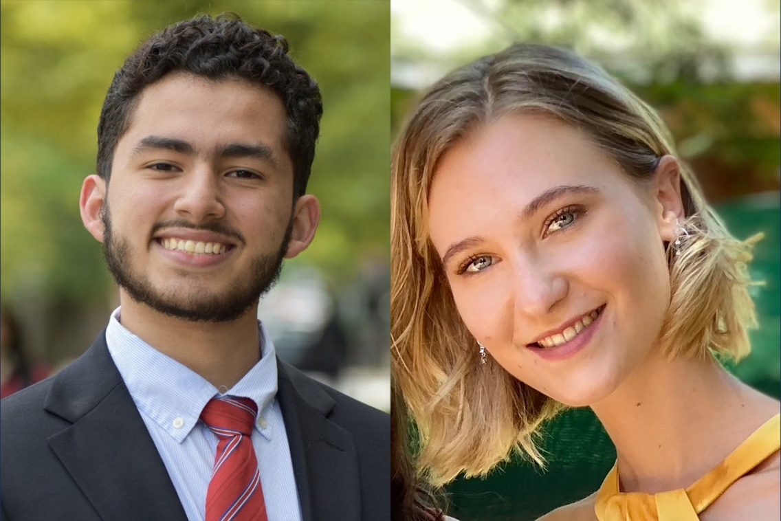 Photo collage of Rolando Kattan Rubi on the right, wearing a grey suit with a red tie, and Lucy Calcott on the left, wearing a yellow sundress, both smiling for portraits.