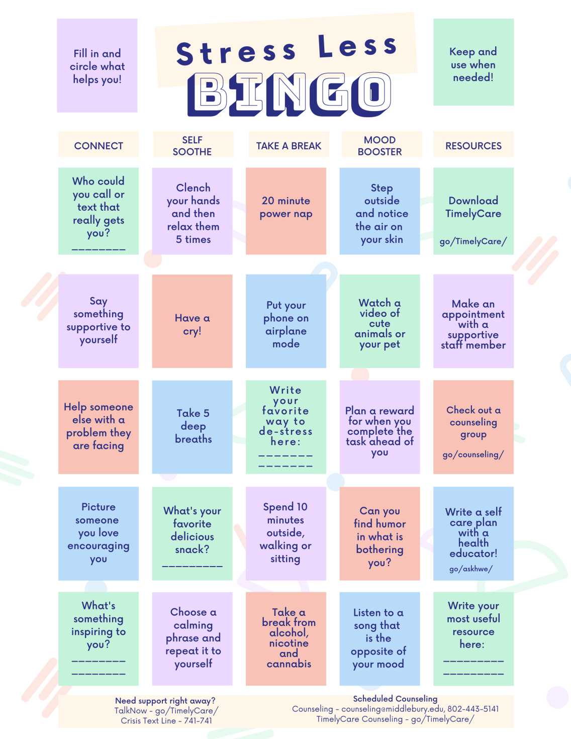 Worksheet with colorful boxes all listing ways to cope with stress