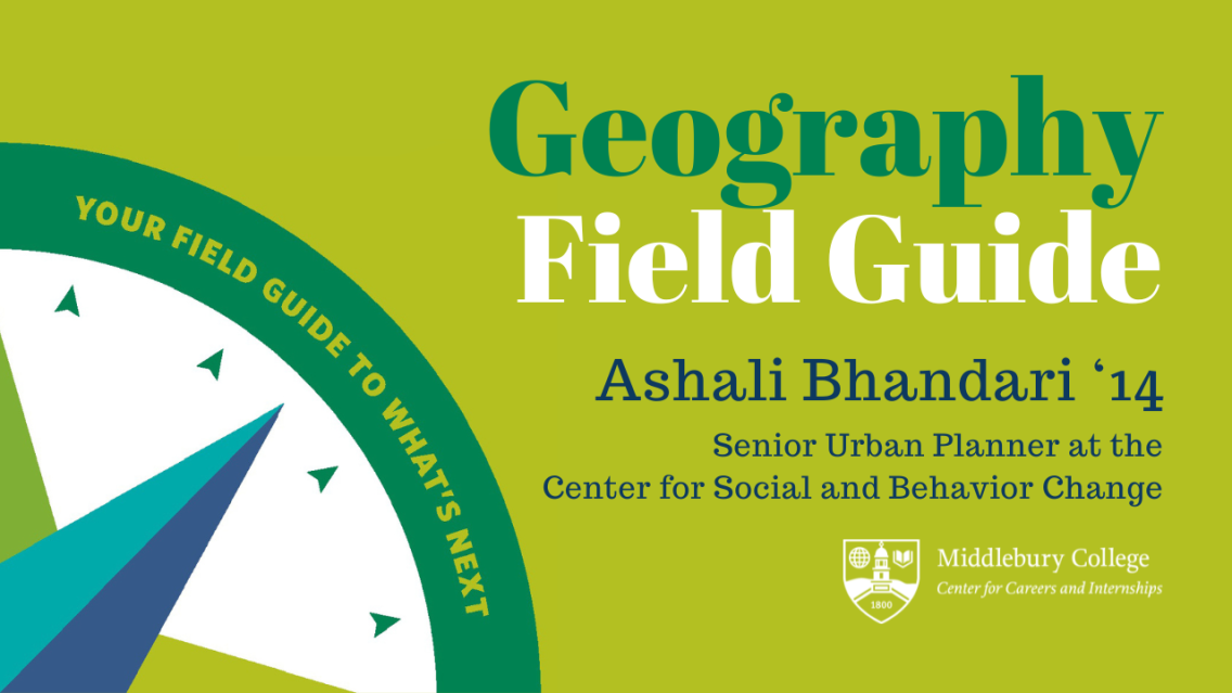 YouTube graphic thumbnail with a lime green background, and a white, blue, teal, and green compass in the lower left corner. The graphic reads, "Geography Field Guide Ashali Bhandari '14"