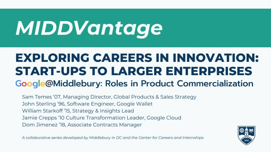 White and teal graphic that reads, "MIDDVantage Exploring Careers in Innovation: Start-Ups to Larger Enterprises - Google@Middlebury: Roles in Product Commercialization