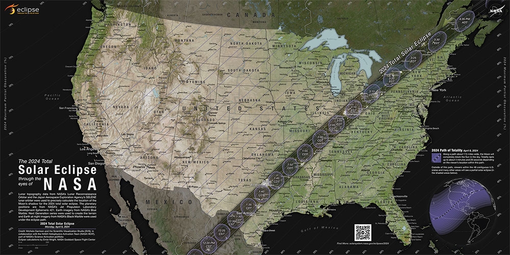 map of the 2024 total solar eclipse, path of totality