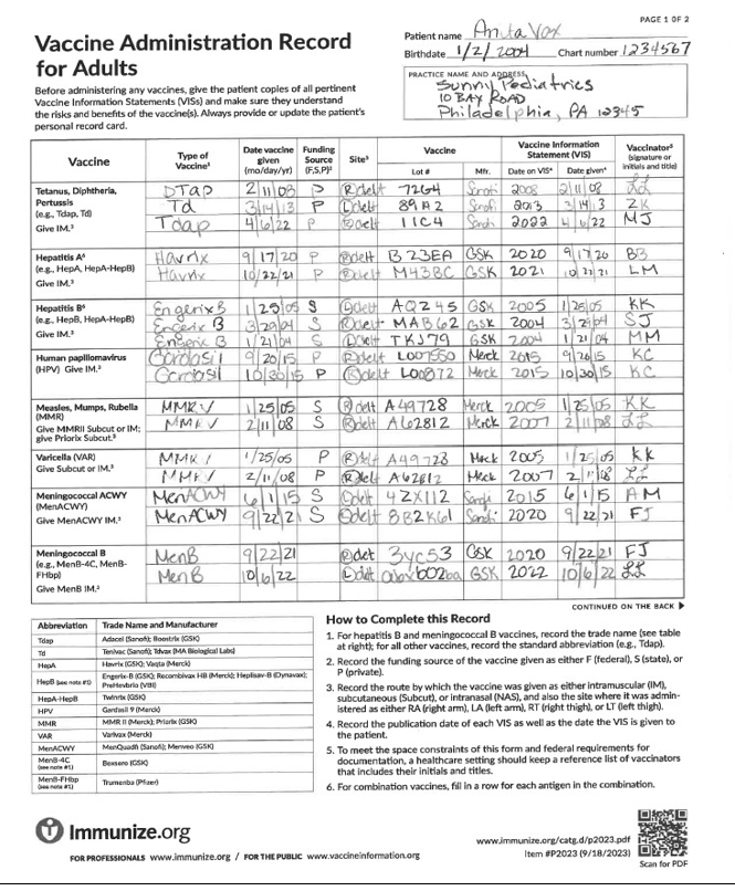 Here is an example of a vaccine record that meets documented proof of immunity requirements.