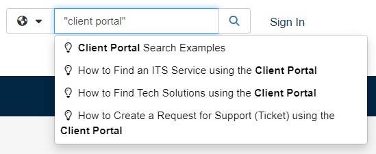 Portal search field showing first five results for exact search for "client portal"