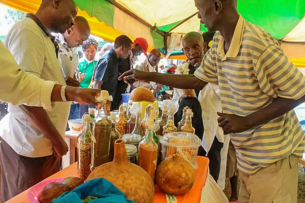 People stand around a table at the Seed and Food Diversity Fair.