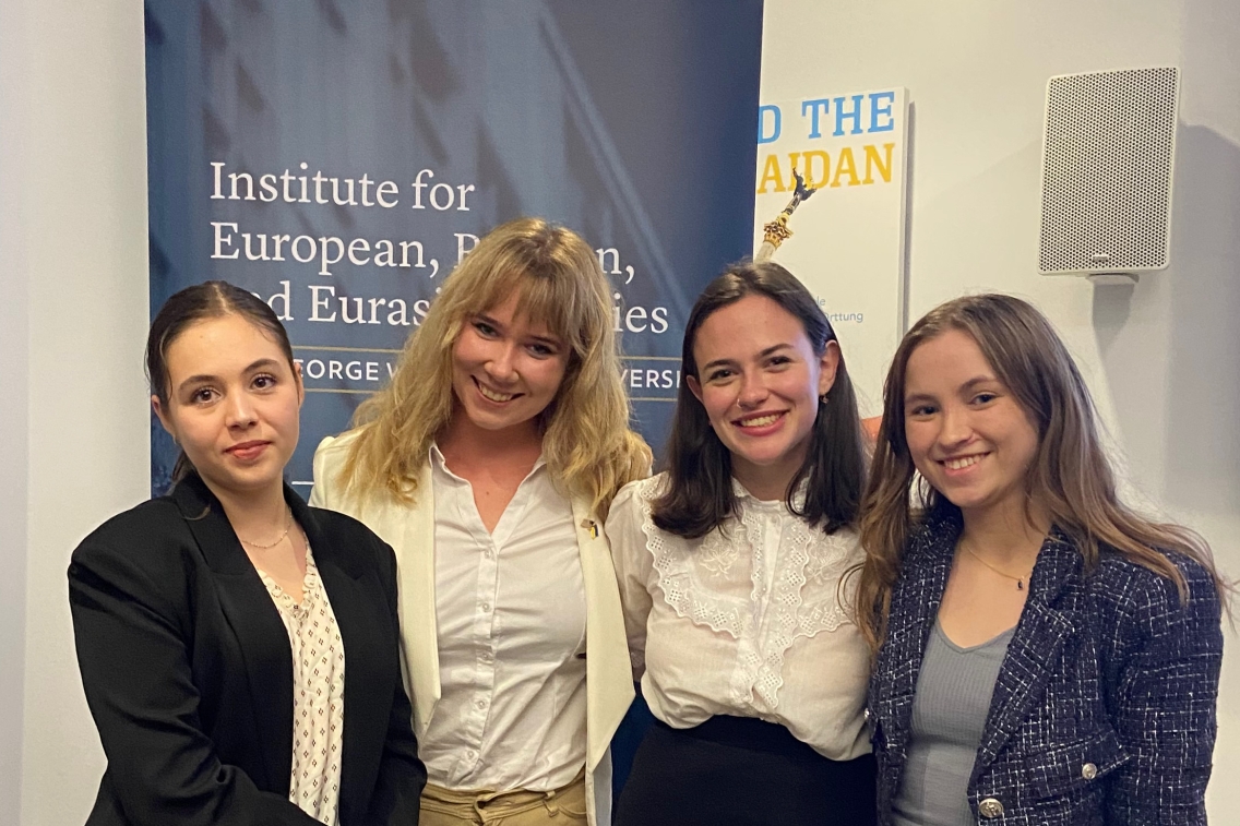 Liana Moldovanu (l), Lydia Miller, Nataliya Layer and Anja Ree presented their project, Not Just a Number, recently at the Elliott School of International Affairs. (Amy Cohen)