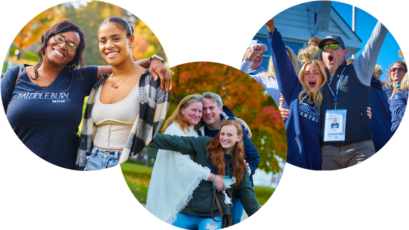 Composite image of three circles of families and students: a mother and daughter with arms around each other, two parents and a daughter in a group hug, a father and daughter cheering during a football game