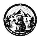 black and white logo for Vermont Beaver Association of a beaver holding a maple leave with mountain peaks in background.