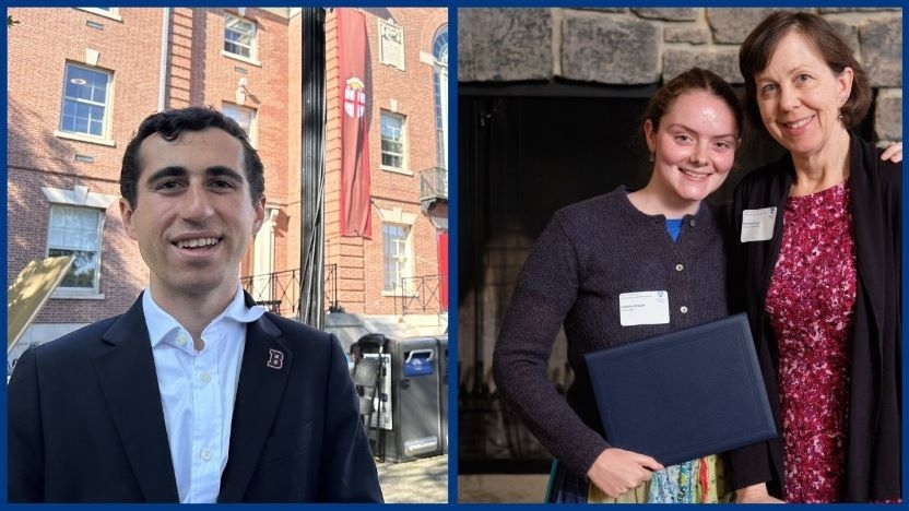 Two photos collage. Photo on Left of a man in suit jacket standing in front of brick building. Photo on right of two women side by side at an awards ceremony.