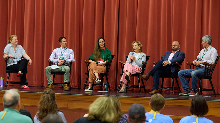 Minna Brown ’07 with panelists Stephanie Cooper ’90, Jennifer Shepherd ’95, Zach Toﬁas ’00, Thomas Hand ’05, and Dave Wright ’05 at Reunion 2025