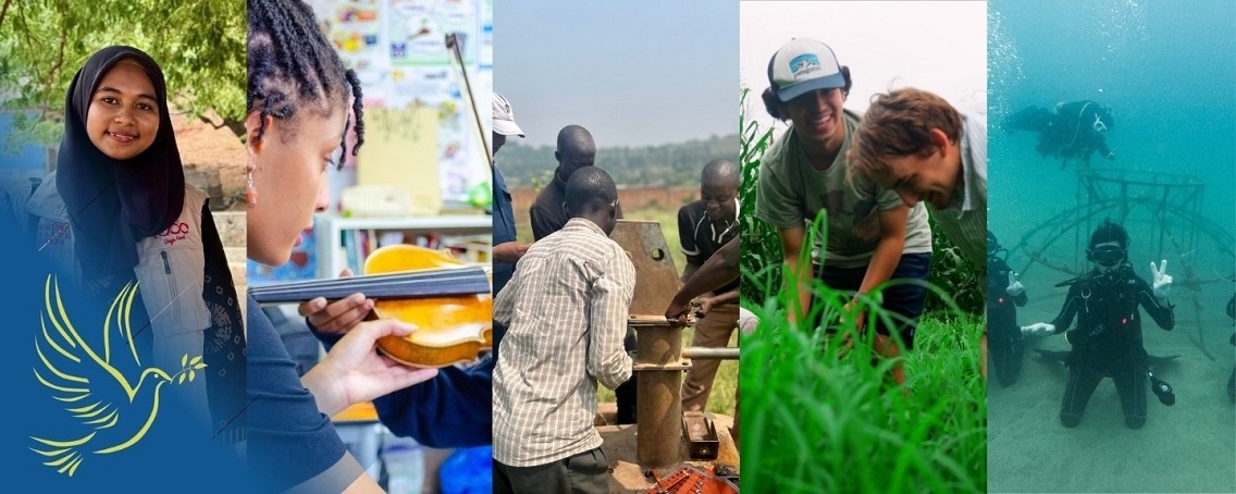 5 panels with different photos, each showing different people engaged in project work. There is a graphic of a dove in the lower left corner.