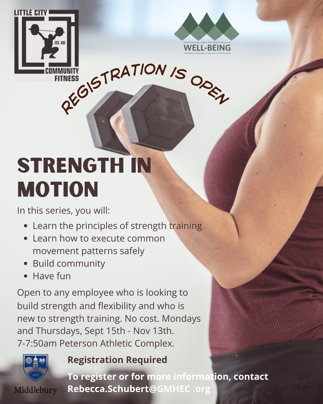 event details with a woman lifting a dumbbell