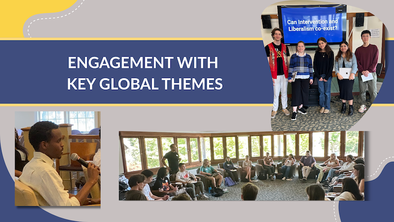 Photos of students and Engagment with Key Global Themes wording