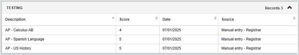 screenshot of AP or IB scores in student profile of Banner 9.