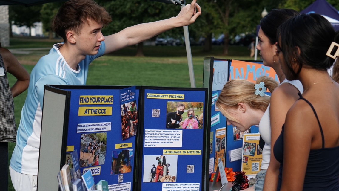 Students talking together at the Student Involvement Fair which happens every fall on campus.