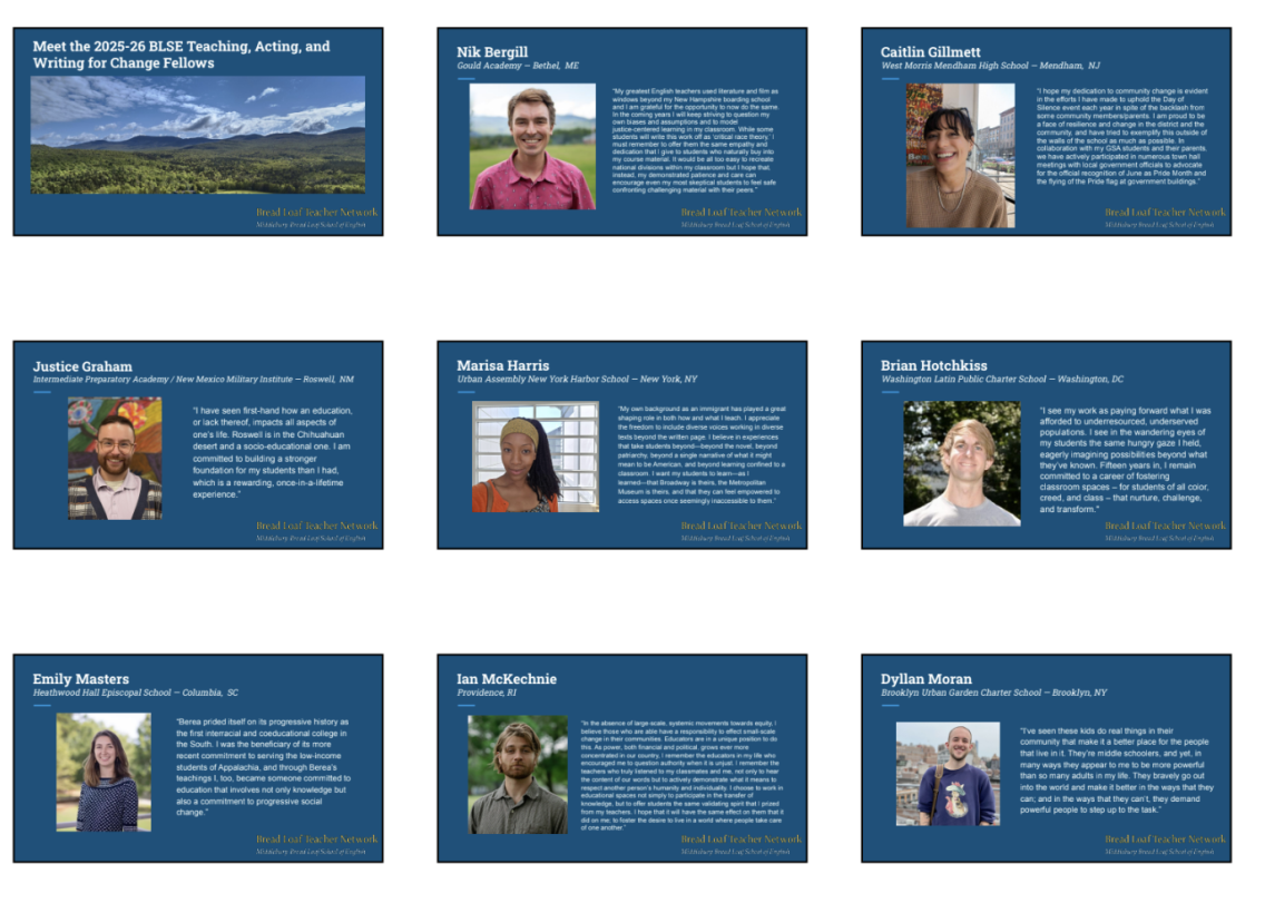 a square rectangle with 9 blue rectangles. Each rectangle has a photo of a different person and their biography