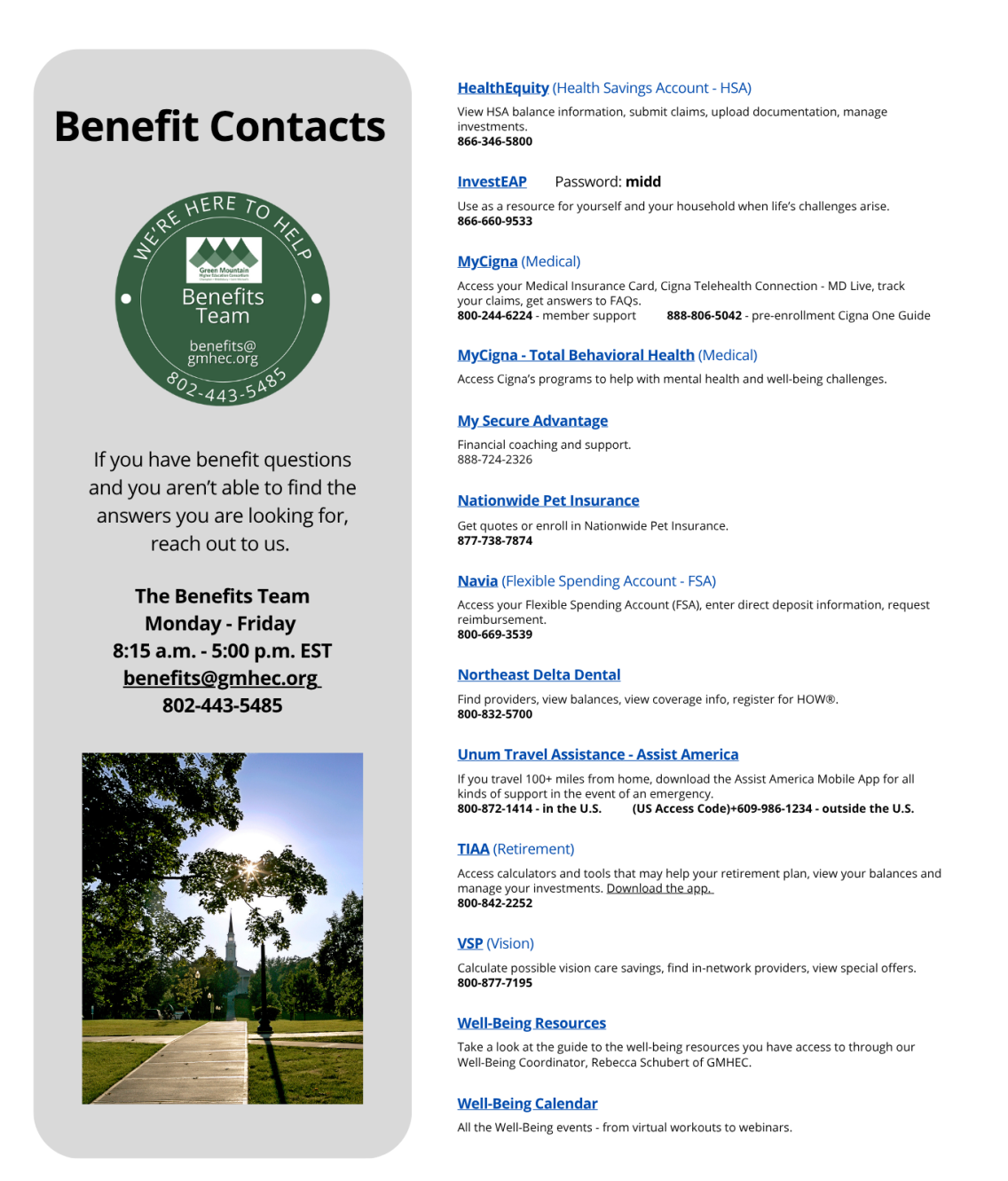 List of GMHEC benefit contacts with logo