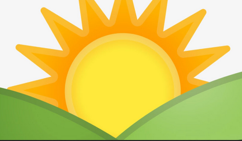 Illustration of a yellow and orange sun rising over two green hills