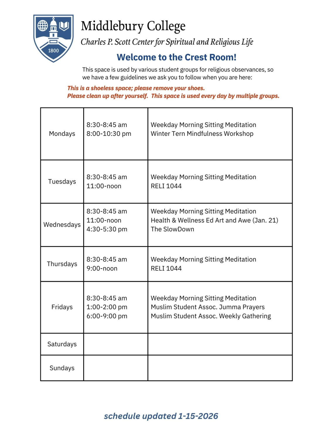 Crest Room schedule for January