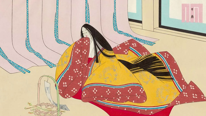 Illustration of a scene from the "Tale of Genji" showing woman in kimono kneeling before a scroll of calligraphy