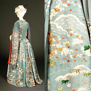 back view and embroidery detail of an 18th-century European bustled dress with Japanese-inspireddesigns