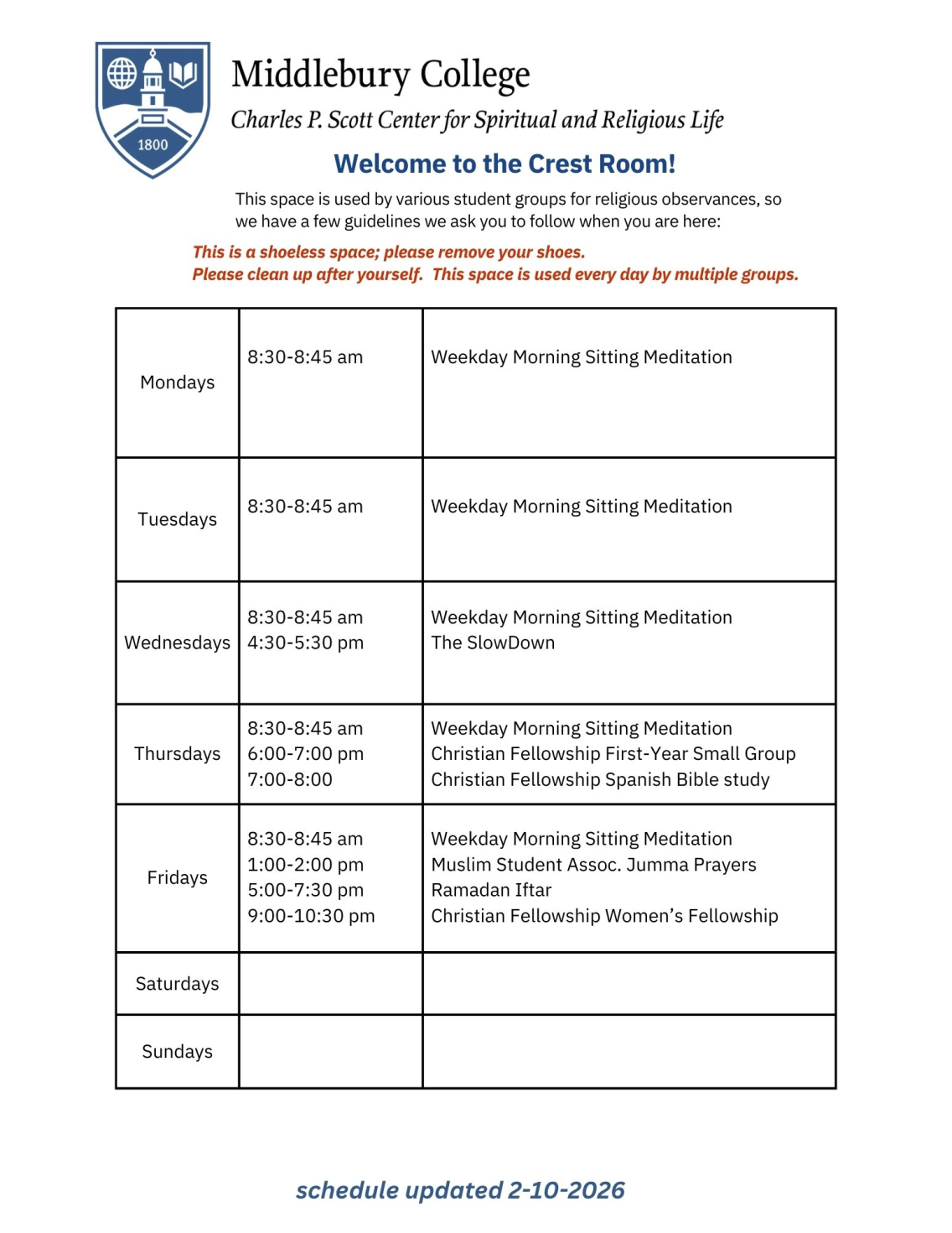 crest room schedule in table format