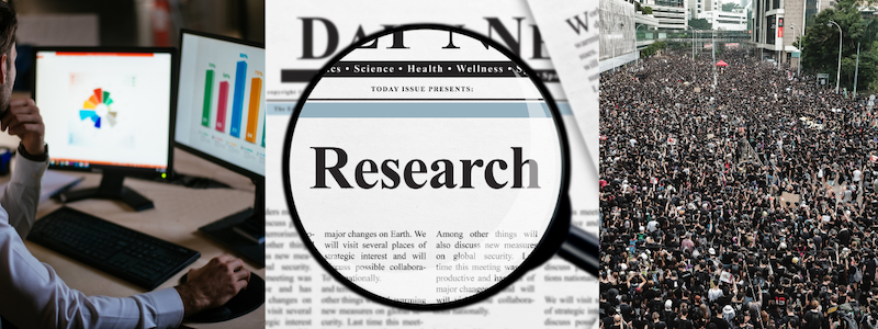 Collage of 3 photos representing research