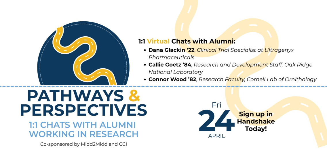A white, bute, and yellow graphic that reads, "Pathways & Perspectives 1:1 Chats with Alumni WOrking in Research Friday, April 24, Sign up in Handshake Today!"