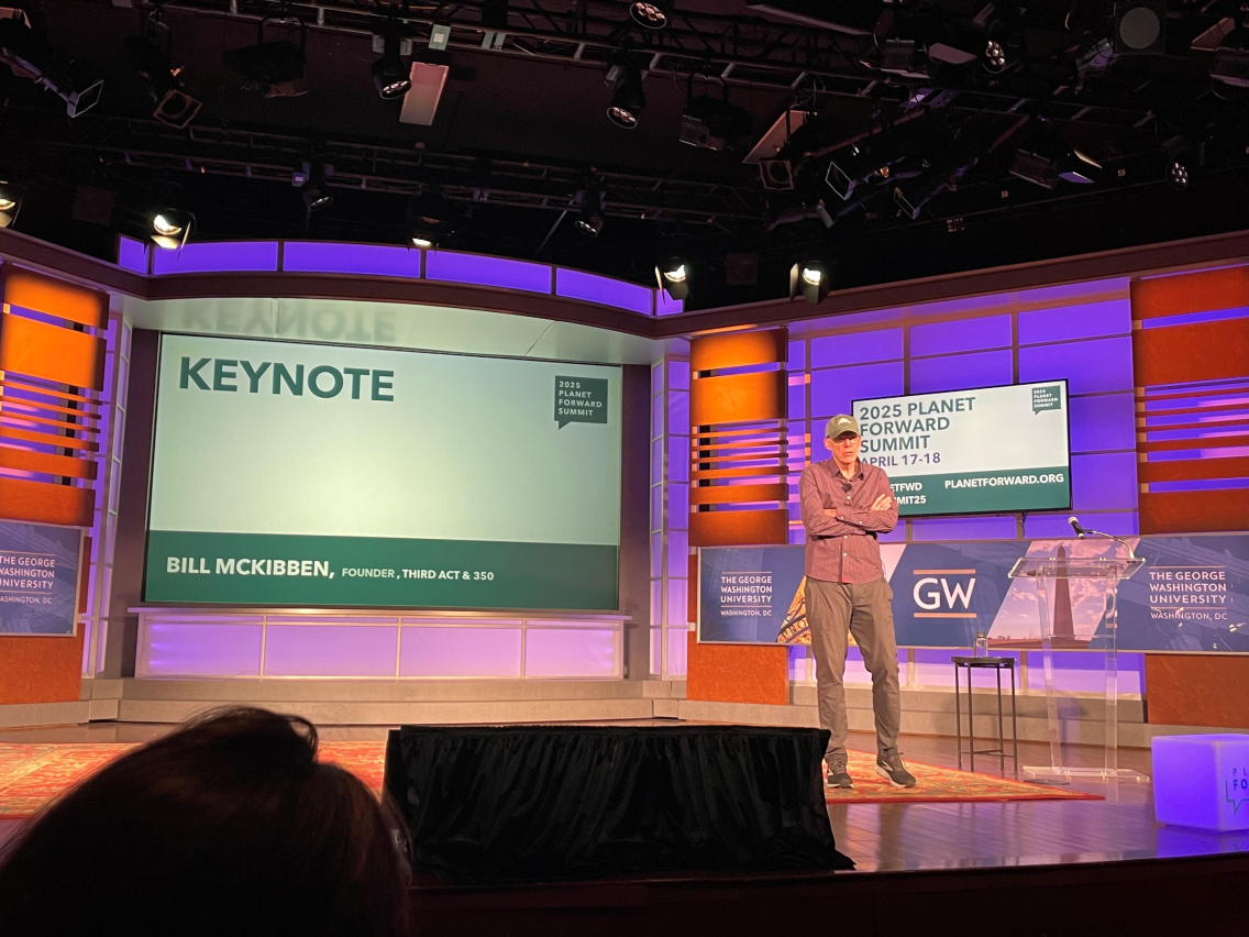 Bill McKibben on stage at the 2025 Planet Forward Summit for the keynote address