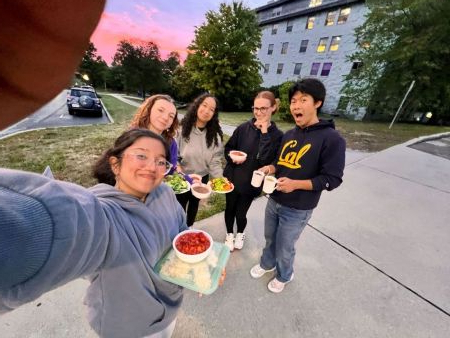 residents outside with food