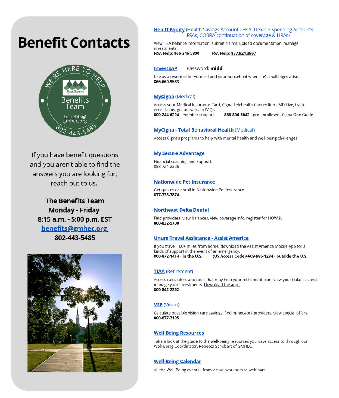 Contact information for the various benefits vendors