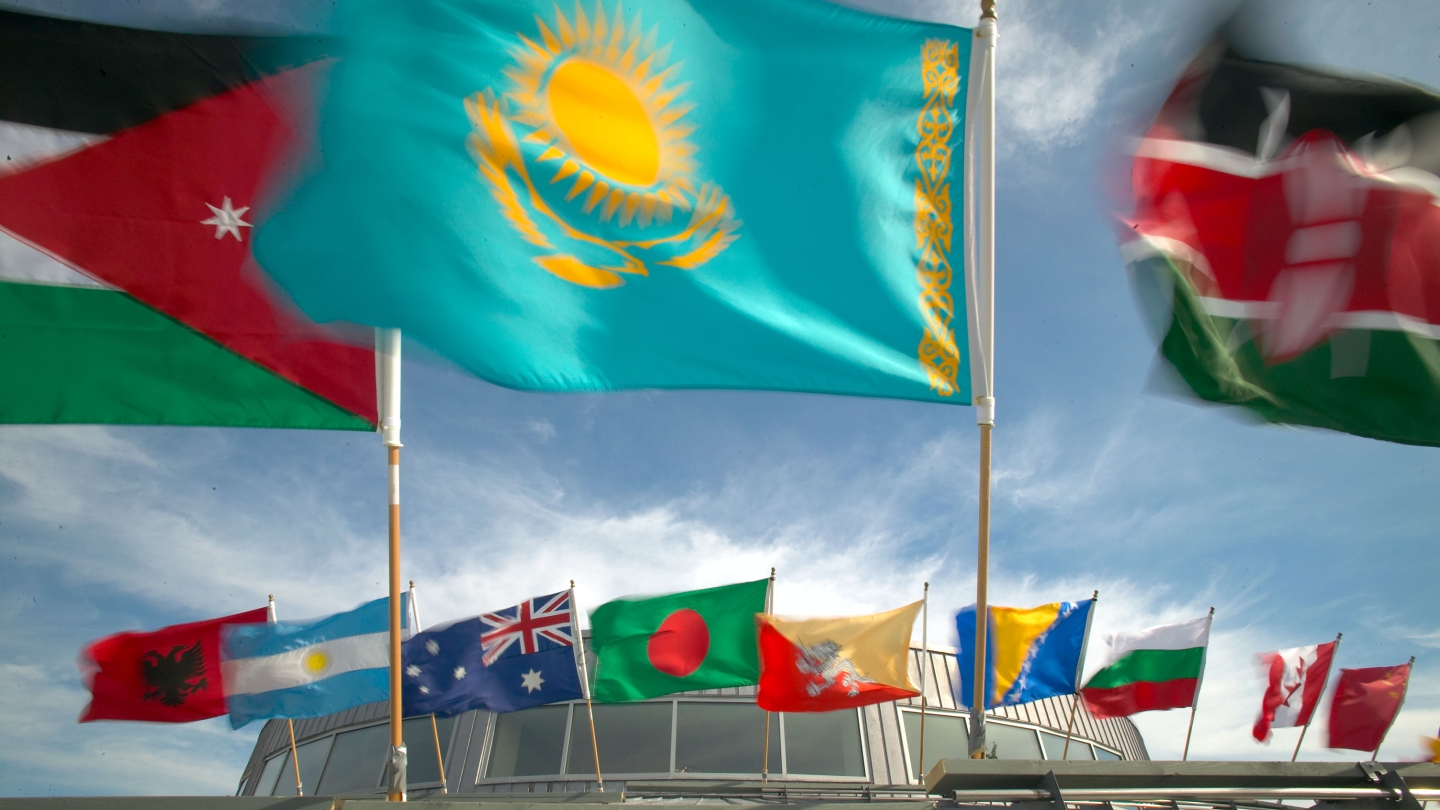 Close up of international flags.