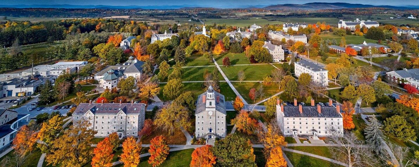 Birds eye view of Middlebury's campus in fall.