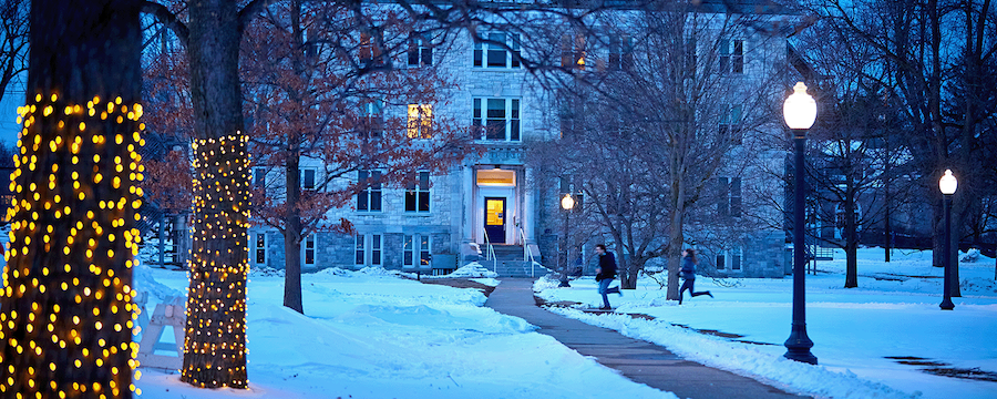 Winter scene of Middlebury campus including Voter Hall.