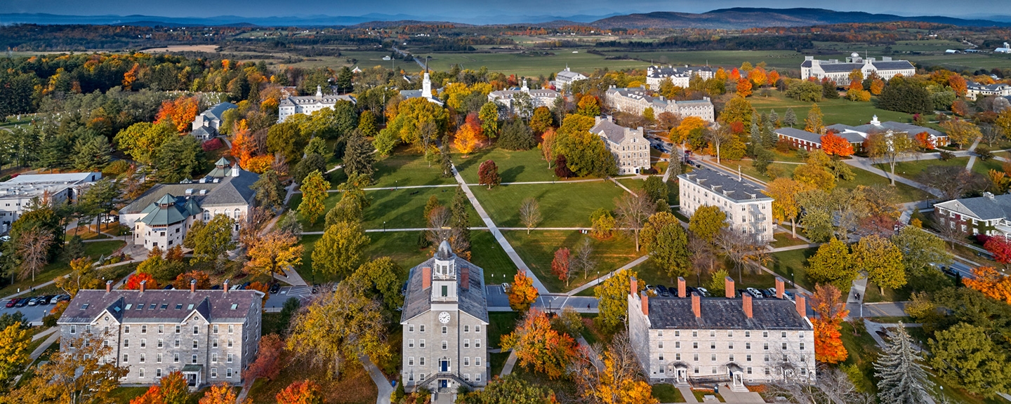 Middlebury College campus in Middlebury, Vermont as captured by drone.
