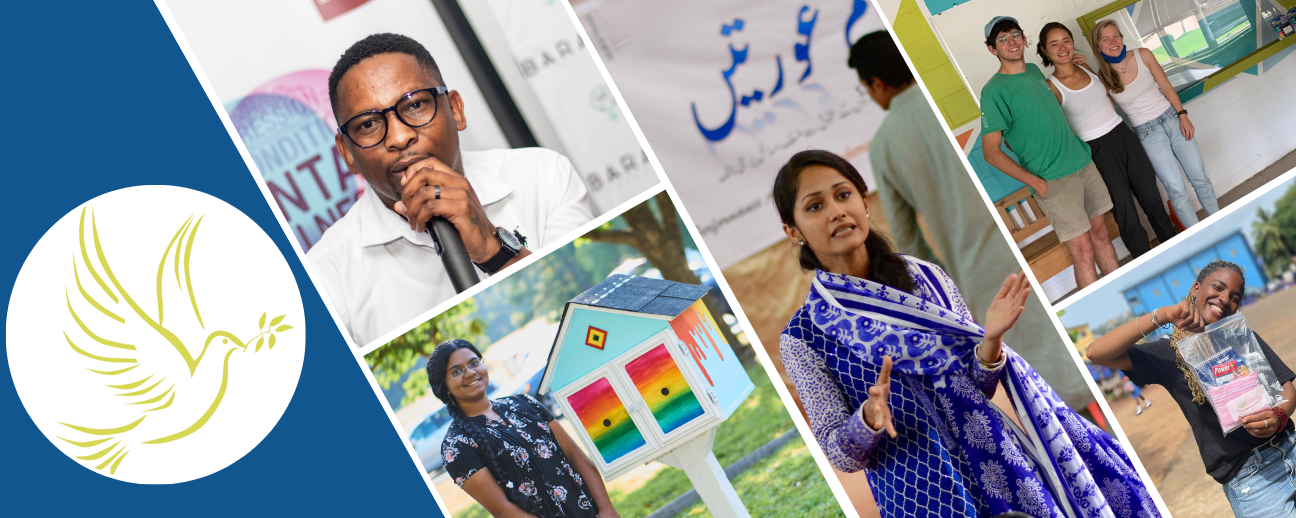 A collage of various photos of college students arranged around a white circle with a yellow dove in the center.