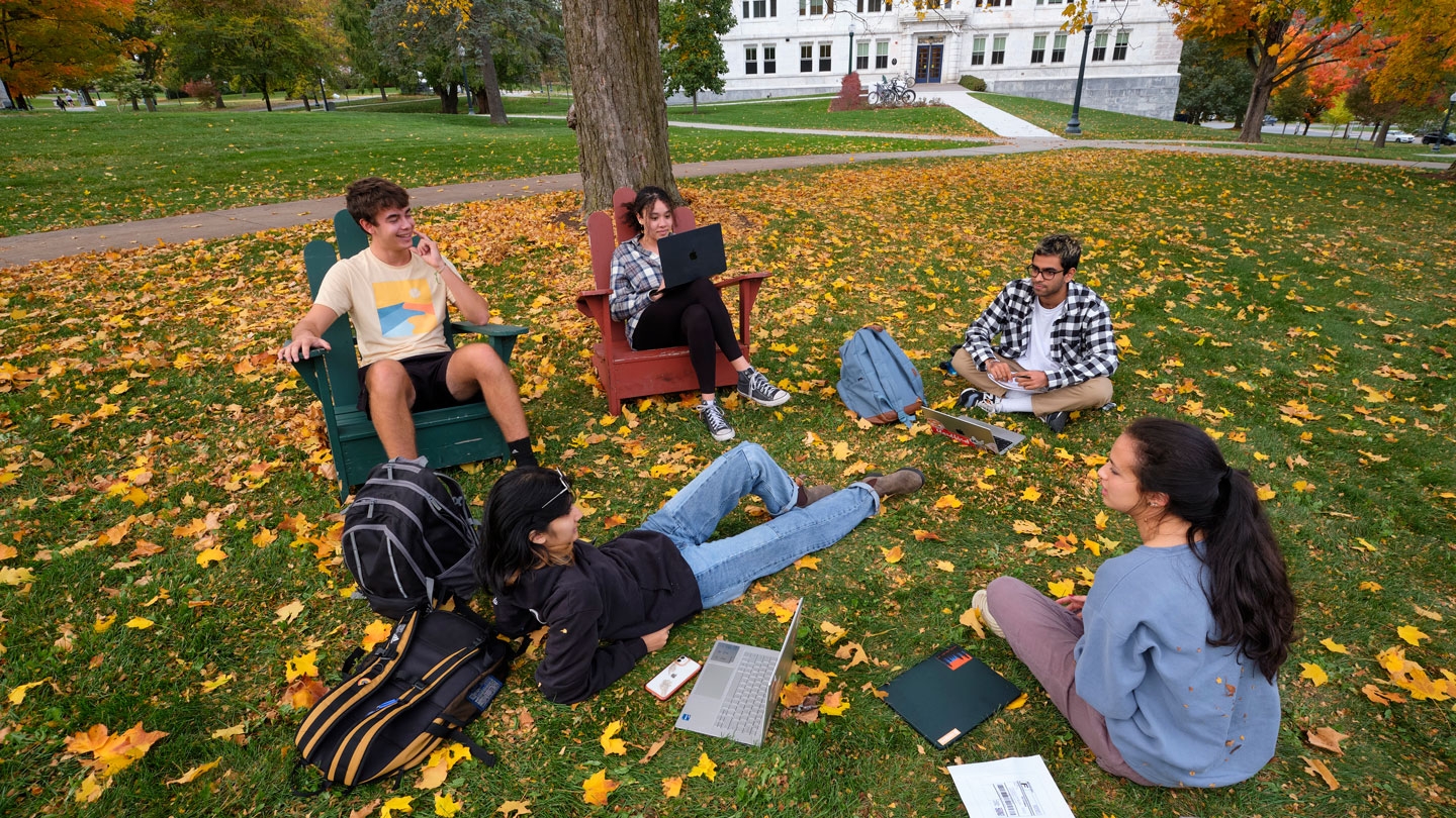 Student study group sitting on the grass with fall leaves