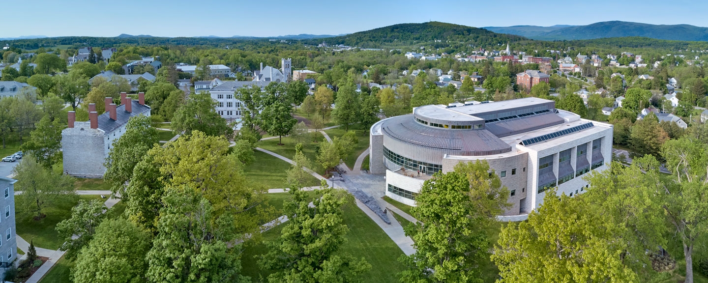 Aerial view of campus looking toward the Green Mountains