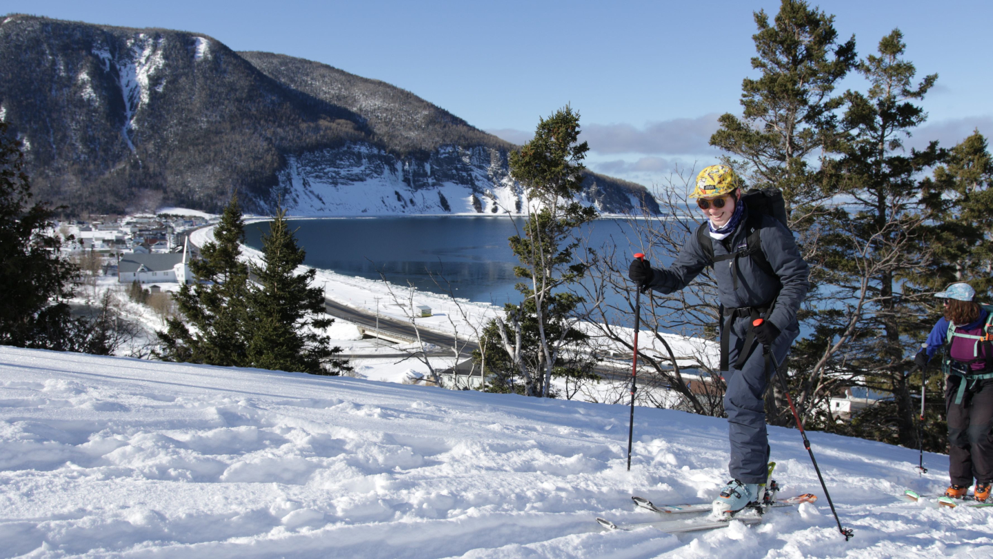 Skinning up a snowy trail overlooking the St. Lawrence