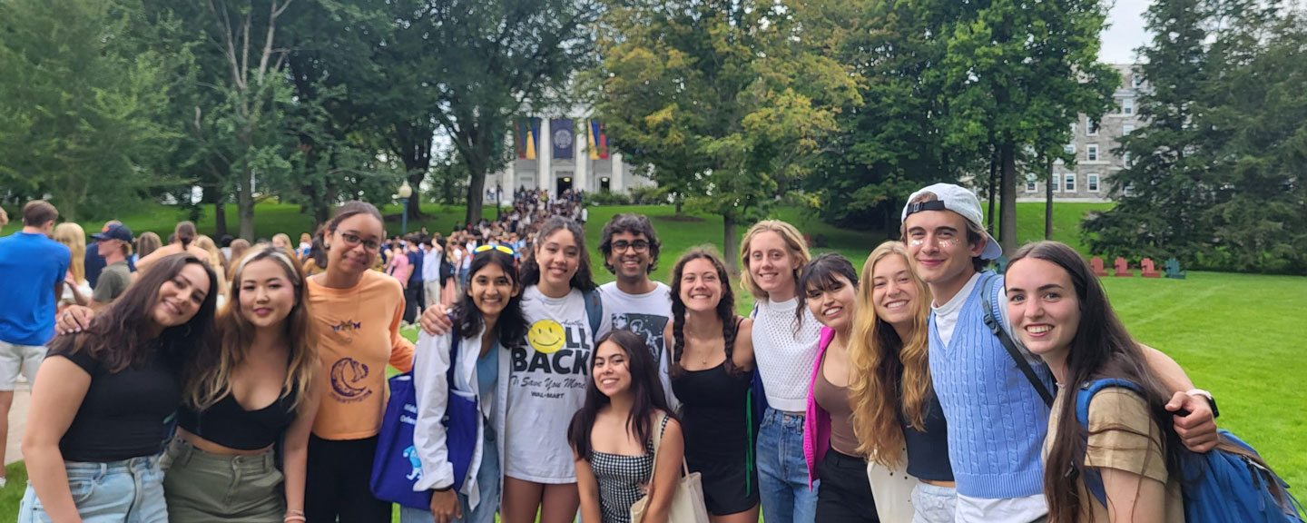 Students gather on the quad outside of the chapel before Convocation.