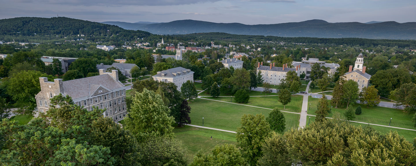 Aerial view of campus overlooking the town of Middlebury and the Green Mountains. 