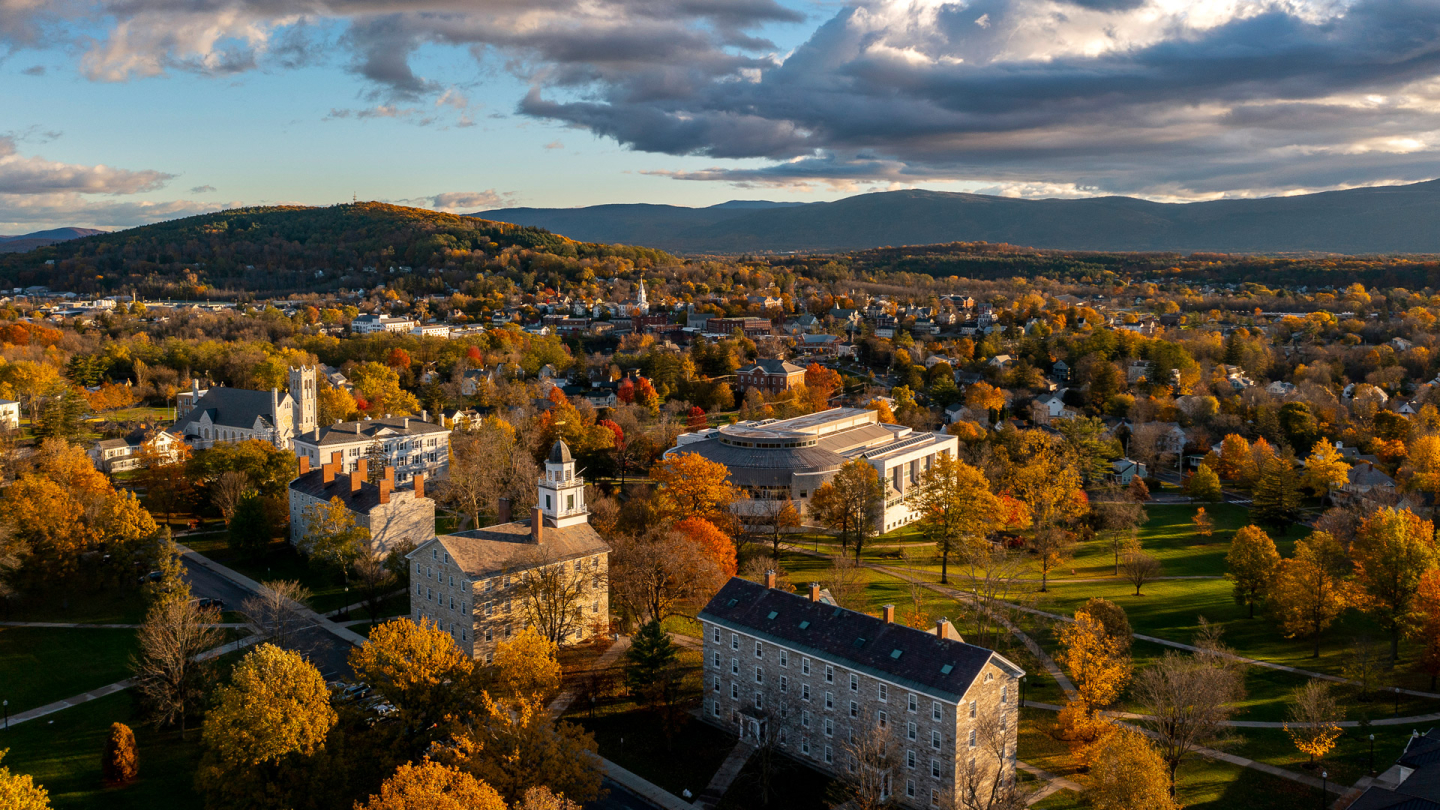 Aerial view of campus overlooking the town of Middlebury and the Green Mountains. 
