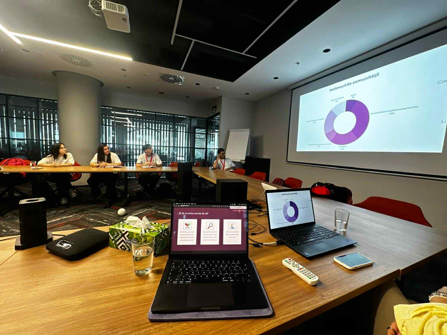 A conference room with a screen displaying a chart and people gathered at tables.