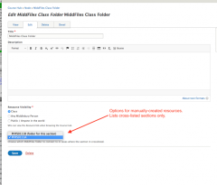 A screenshot of the form to edit MiddFiles Course Folder resources in the Course Hub with the new drop down for cross-listed sections highlighted.