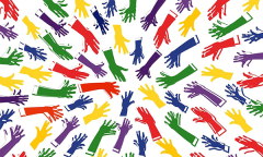 a rainbow of hands reaching towards each other