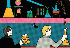 Graphic of two people in lab using beakers and a beer mug