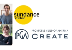 Photo of Ali Salem and Professor Ioana Uricaru next to the logos for Sundance and PGA