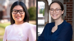 On the left, Ngan Bui, wearing a pink and white blouse and black glasses, poses in front of an outdoor background while on the right Elspeth Collard, wearing a blue shirt and brown glasses, poses in front of a brick hallway.